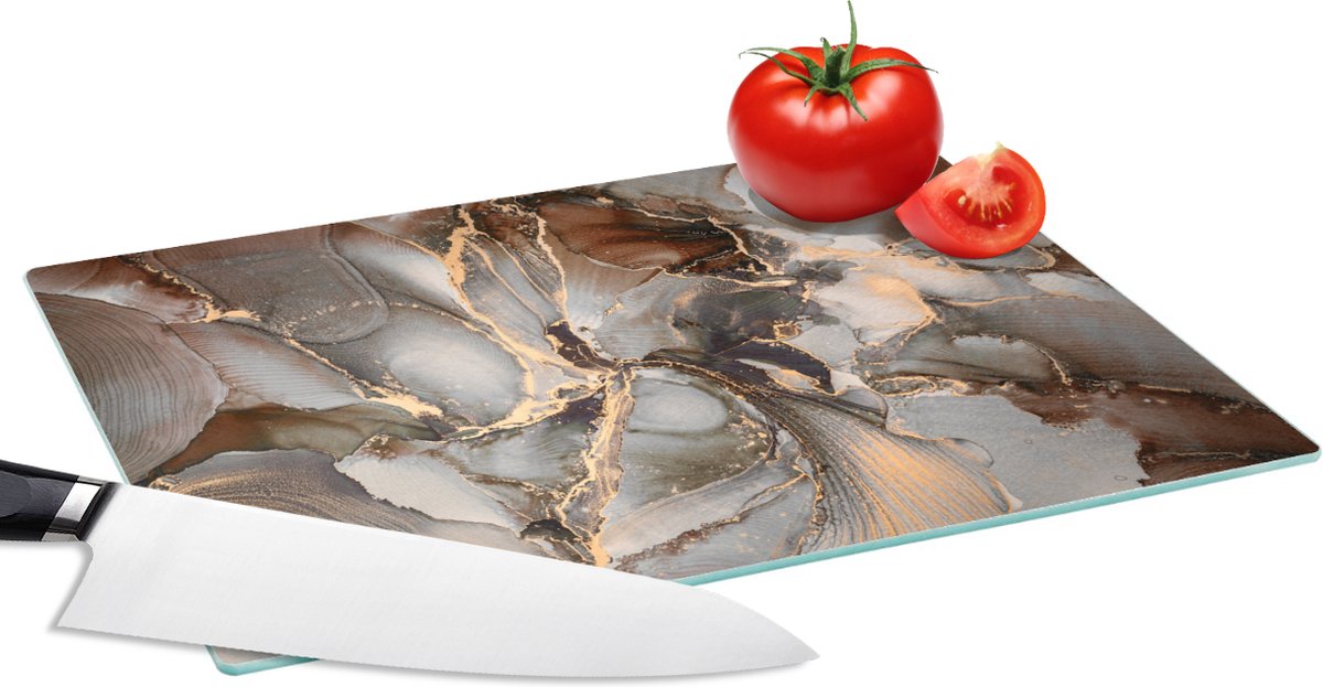 Glazen Snijplank - 28x20 - Grijs - Goud - Marmer - Marmerlook - Snijplanken Glas