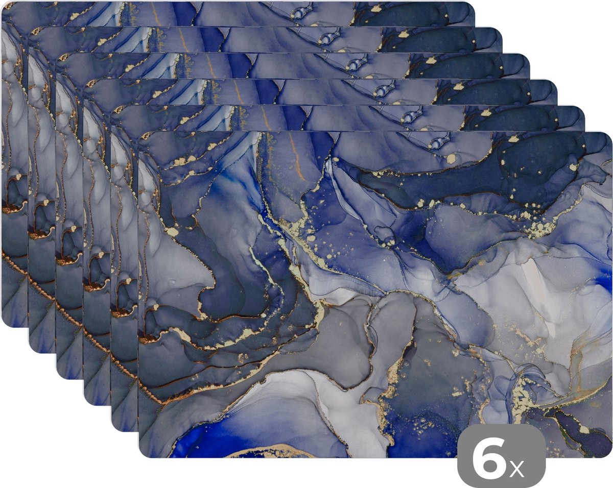 Placemats - Marmer - Goud - Blauw - Onderleggers placemat - 45x30 cm - 6 stuks