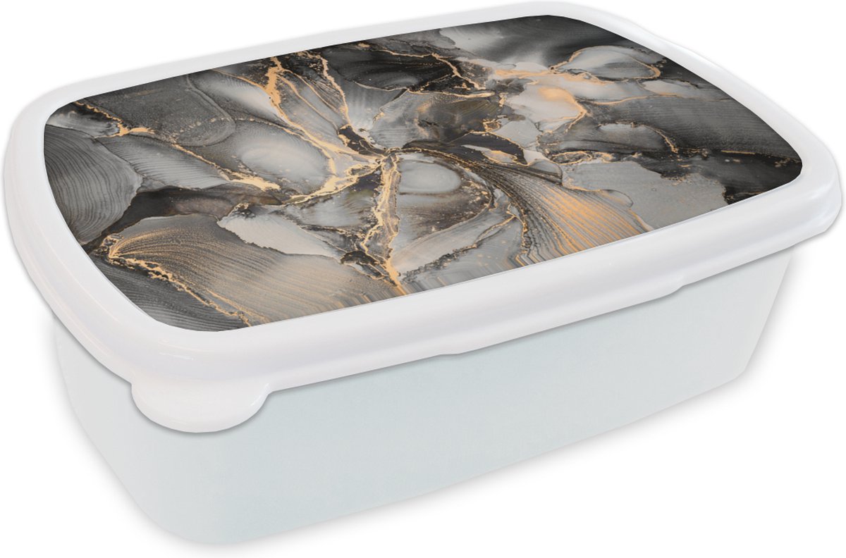 Broodtrommel Wit - Lunchbox - Brooddoos - Grijs - Luxe - Goud - Marmer - 18x12x6 cm - Volwassenen