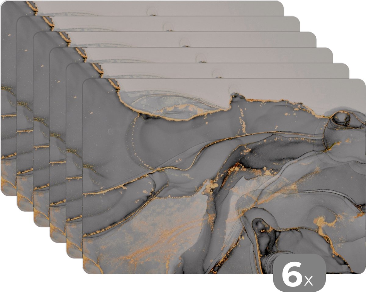 Placemats - Marmer - Goud - Grijs - Onderleggers placemat - 45x30 cm - 6 stuks