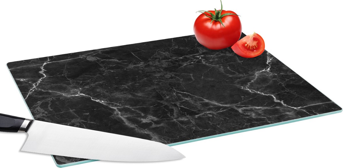 Glazen Snijplank - 39x28 - Marmer print - Zwart - Wit - Textuur - Marmerlook - Snijplanken Glas