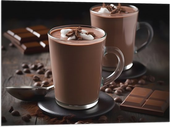 Vlag - Chocomel - Chocolade - Cacoa - Drtinken - eten - Lepel - Glazen - 80x60 cm Foto op Polyester Vlag