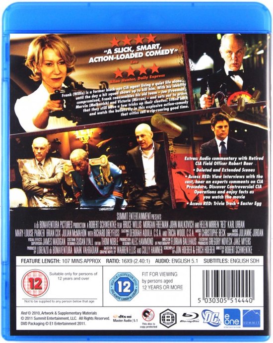 Blu-ray hoes: Helen Mirren, Morgan Freeman en Bruce Willis. Tekst: 'RED', 'A SLICK, SMART, ACTION-LOADED COMEDY'.