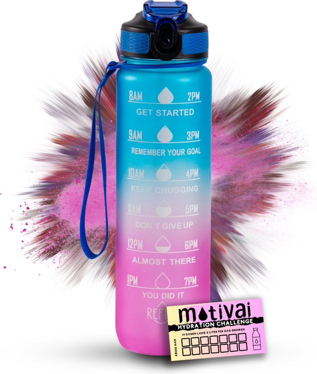 Motivatie Waterfles Motivai® - Blauw/Roze - Inclusief Extra Afsluitklepje - 1 Liter - Motiverende Drinkfles met Rietje - BPA Vrij - Met Motivai® Hydration Challenge