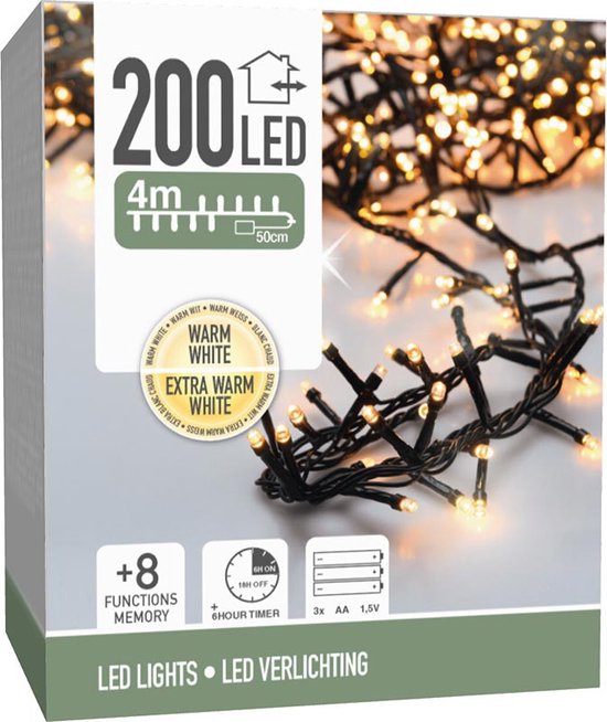 Micro Cluster 200 led – 4m – Warm Wit Extrawarm wit Combi- Batterij – Lichtfuncties – Geheugen – Timer