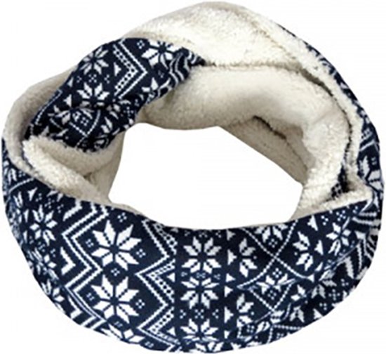 Fleece Colsjaal Dames - Noors bloemenmotief - Blauw/Wit - Infinity Scarf