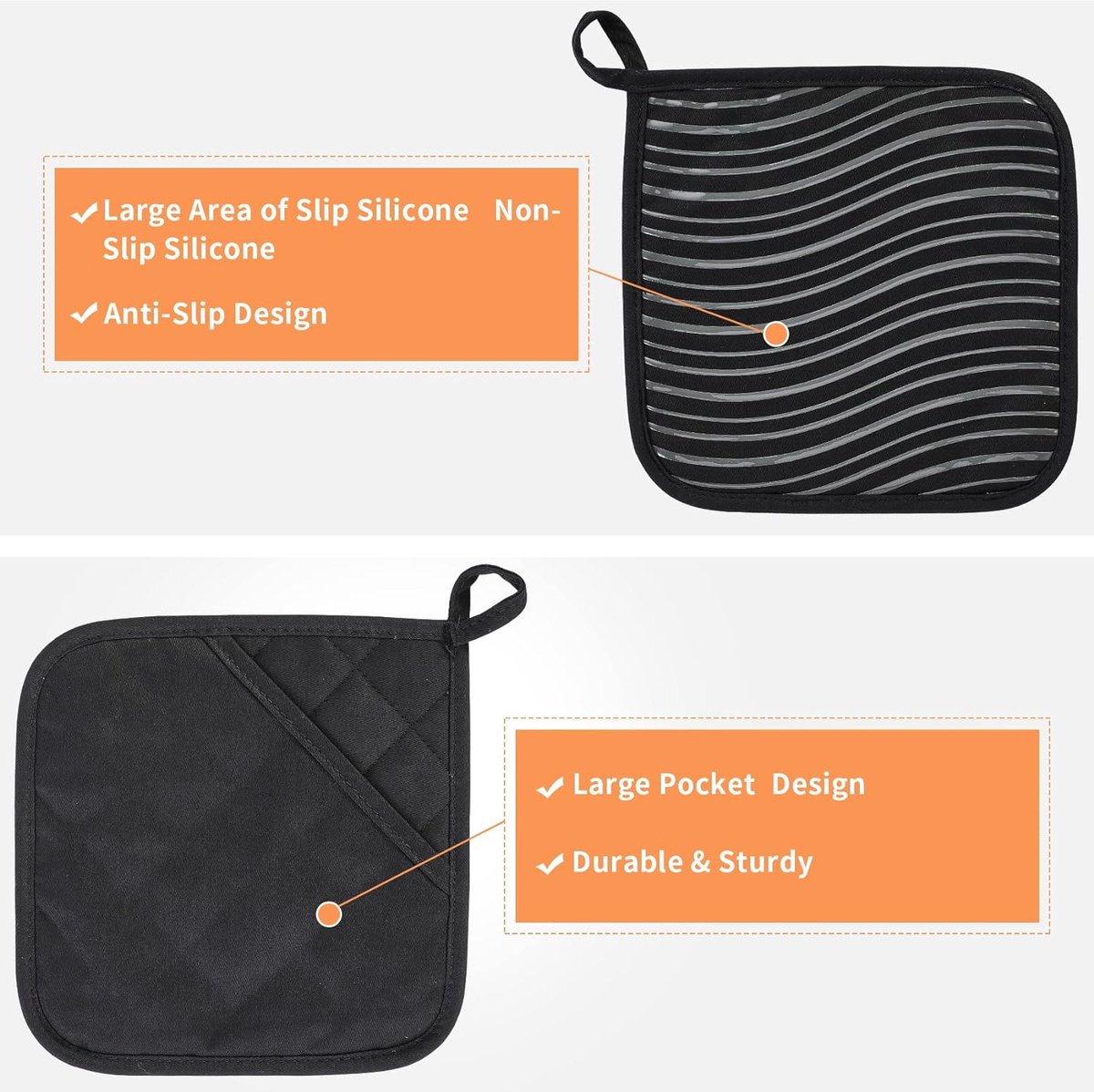 Gants de Four,RoadLoo Lot de 4 Maniques Cuisine et Gant Cuisine Set Résistants à la Chaleur Gants de Cuisson avec Rayures en Silicone Antidérapant pour la Cuisson Micro Onde Barbecue Pâtisserie