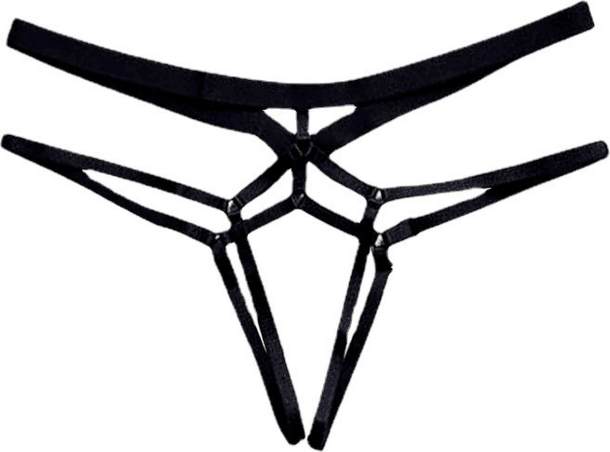 Sexy String Zonder Stof - Zwart - Transparant - Open Kruis - Bondage Riem - G-String Tuigje - Erotisch - Lingerie / Ondergoed - Maat XL