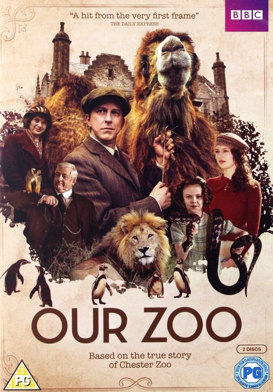 Voorzijde van de DVD-hoes van 'Our Zoo' met de titel, een kamel, leeuw, pinguïns, slangen en een groep mensen.