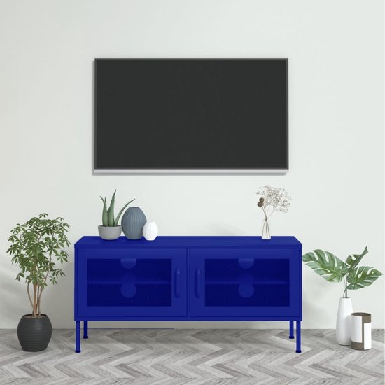 The Living Store Televisiemeubel - Staal - Marineblauw - 105 x 35 x 50 cm - 2 gaasdeuren