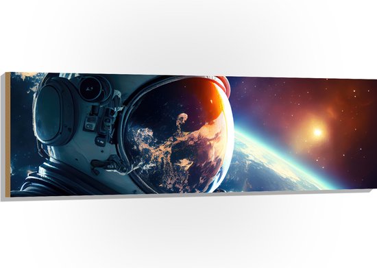 Hout - Astronaut - Galaxy - Sterren - Aarde - 150x50 cm - 9 mm dik - Foto op Hout (Met Ophangsysteem)