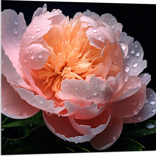 Acrylglas - Bloem - Roze - Oranje - Druppels - Natuur - 80x80 cm Foto op Acrylglas (Wanddecoratie op Acrylaat)