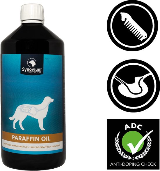 Synovium Paraffine Olie voor honden, een fles met een afbeelding van een hond en drie keurmerken.