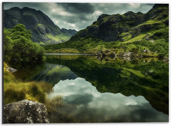 Dibond - Bergen - Bomen - Water - Natuur - Gras - 40x30 cm Foto op Aluminium (Wanddecoratie van metaal)