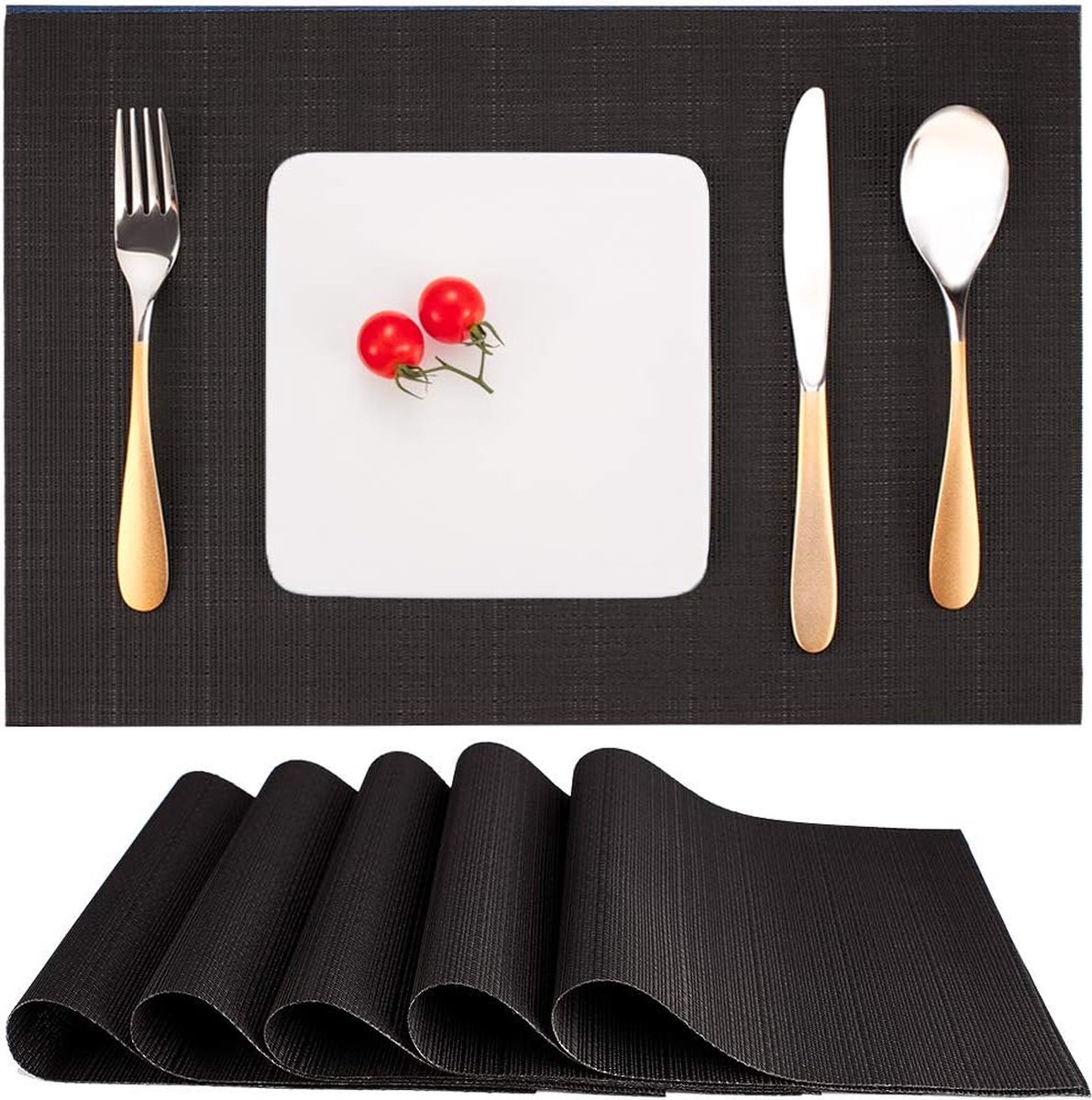 Placemats Set van 6, Vinyl Placemats Geweven Wasbaar Hittebestendige Antislip Geschikt voor Keuken Familie Restaurant Koffiebar (Zwart)