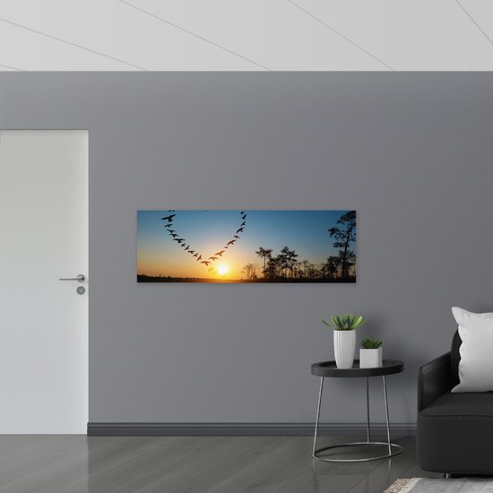 Vlag - Zwerm Vogels Vliegend in Hartvorm boven het Water - 150x50 cm Foto op Polyester Vlag