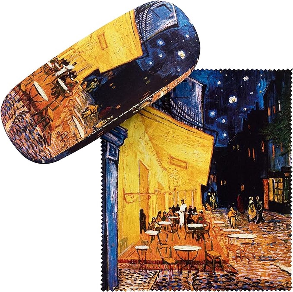 Brillenkoker Vincent van Gogh: Nachtcafé kunst motief etui bril microvezel brillenpoetsdoek brillenbox stevige hardcase set met stof bekleed, Meerkleurig