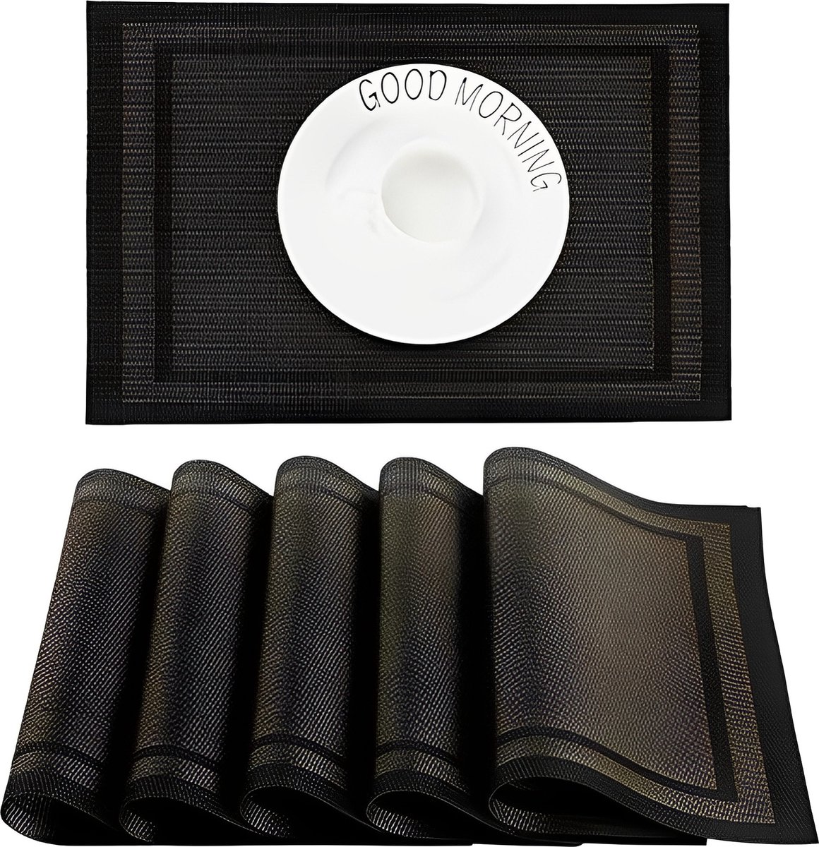 Placemat Set van 6,Gemakkelijk Schoon,Antislip,Hittebestendig,Vlekbestendig Tafelonderzetter, 45cmx30cm(Zwart + Goud)