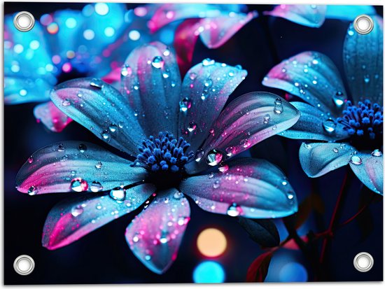 Tuinposter – Bloemen - Druppels - Blauw - Roze - 40x30 cm Foto op Tuinposter (wanddecoratie voor buiten en binnen)