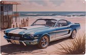 Metalen Plaatje - Mustang Classic Muscle Car Blauw/Wit - Beach - 20x30cm