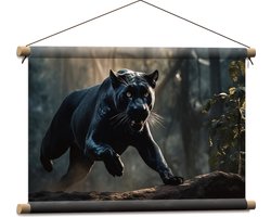 Textielposter - Zwarte panter rent door bos heen - 60x40 cm Foto op Textiel