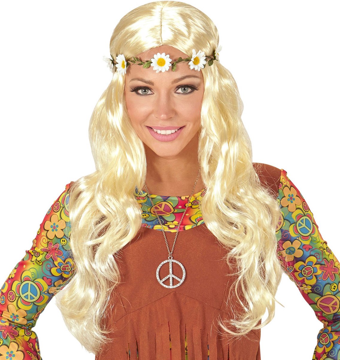 Blonde hippie pruik met margrietjes