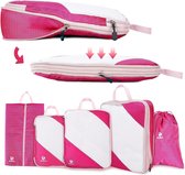 Packing Cubes Compressie, 5 stuks verpakkingszakken, compressie-koffer-organizer-set met waszak en schoenenzak, ultralicht, uitbreidbaar, reispakket-organizer voor handbagage (roze)