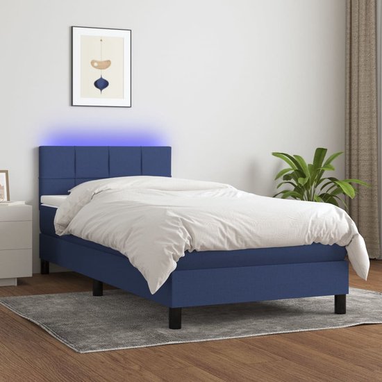 The Living Store Bed Boxspring - Blauw - LED - 203 x 100 x 78/88 cm - Pocketvering Matras - Huidvriendelijk Topmatras