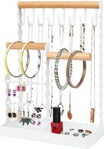 Sieradenhouder, kettinghouder, oorbelstandaard, sieradenboom met houten ringblad en opberghaken halskettingen, armbanden, ringen wit