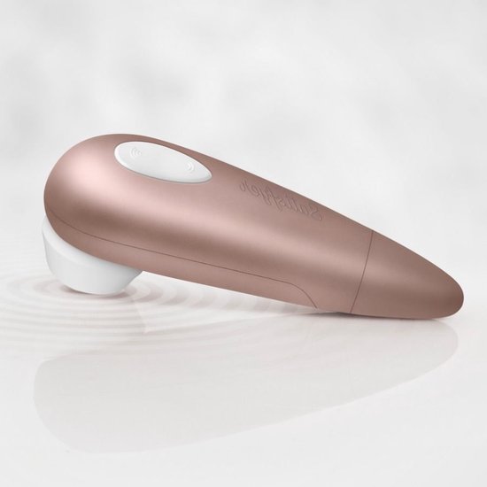 Roze Satisfyer Air Pulse met witte applicator en bedieningsknop.