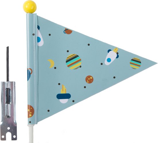 Blauw fietsvlaggetje met print van planeten, raketten en eenhoorns. Metalen bevestiging apart.