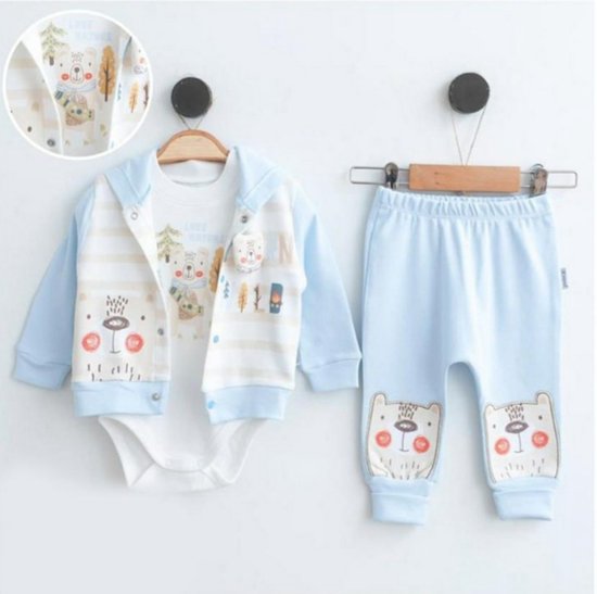 Baby Jongens / 3 pce Kledingset - babykleertje - babykleding - Bear - Lichtblauw - Maat: 56 - Love nature
