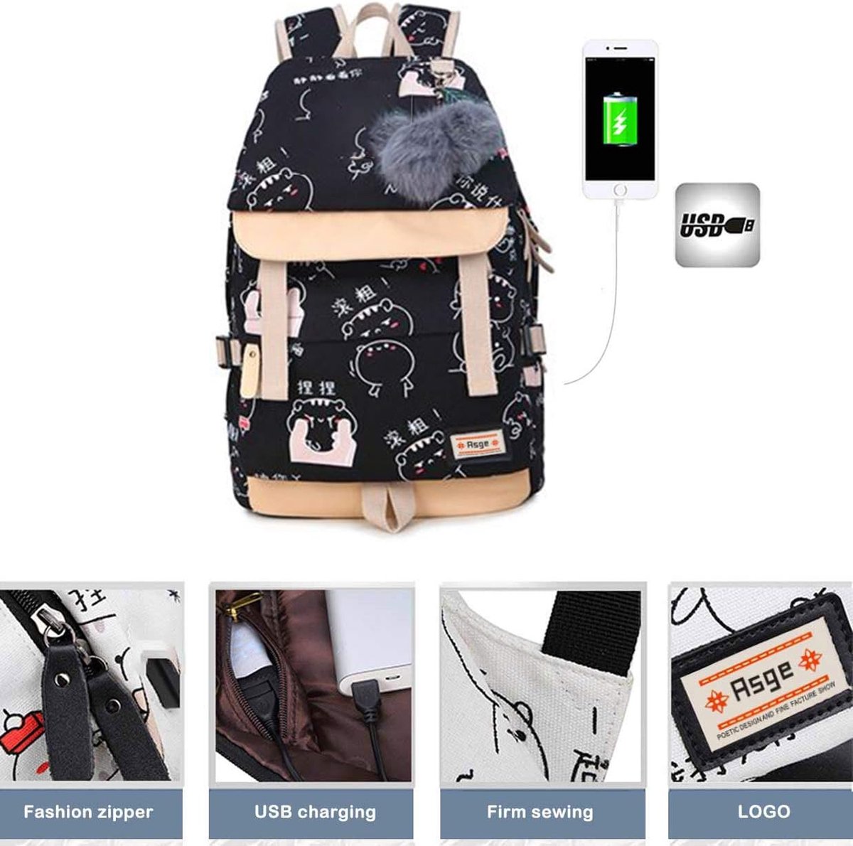 Sac ?� dos scolaire Asge rose/noir - Sac ?� dos scolaire pour filles - R?�sistant ?� l'eau | bol.com