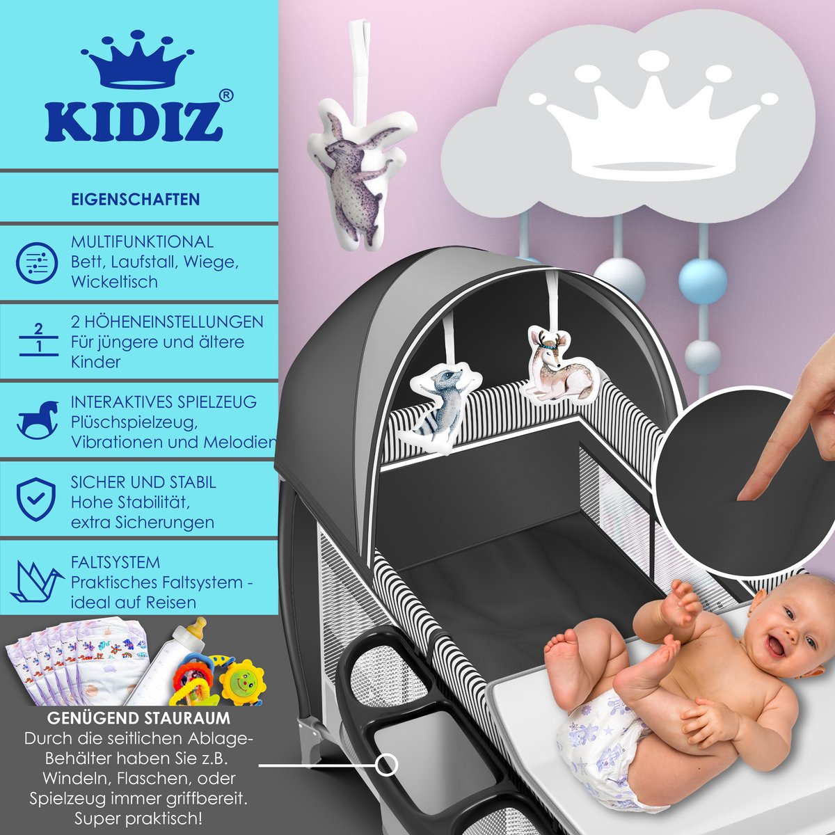KIDIZ Campingbedje 3-in-1: opvouwbare reiswieg met luiertafel thumbnail 5