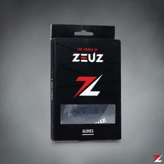 Zwarte verpakking voor ZEUZ sport- en fitnesshandschoenen met een venster, "THE POWER OF ZEUZ" en "GLOVES" erop.
