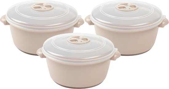 Plat à micro-ondes avec couvercle/valve - 3x - 1 litre - beige - plastique - sans BPA