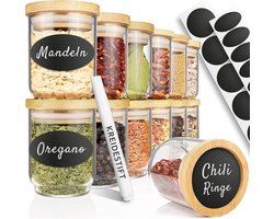 12 stapelbare kruidenpotjes, 150 ml, duurzame kruidenpotjes met deksel van bamboe, incl. krijtstift en 24 stickers om de omschrijvingen, luchtdicht voor het bewaren van bevestigd, thee, kruiden en nog veel meer