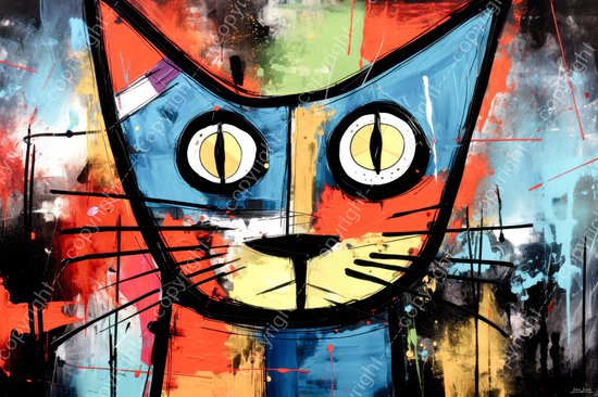 JJ-Art (Canvas) 90x60 | Kat, poes in Herman Brood stijl, abstract, kleurrijk, felle kleuren, kunst | dier, blauw, rood, geel, groen, modern | Foto-Schilderij canvas print (wanddecoratie)