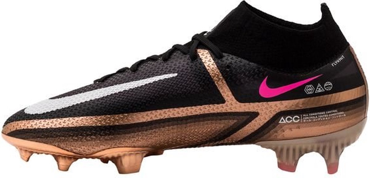 Nike Phantom GT2 DF Elite FG Qatar voetbalschoen in maat 43, zwart met gouden en roze accenten, asymmetrische vetersluiting.