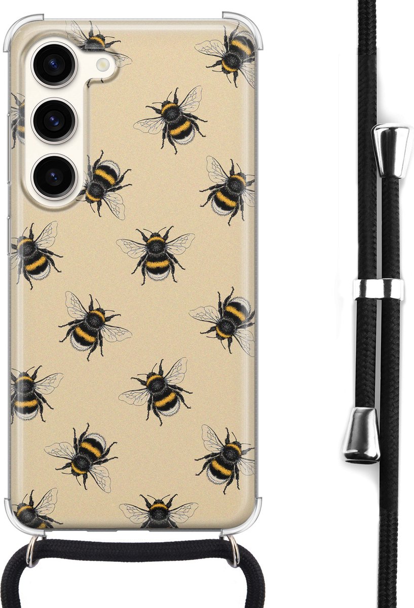 Hoesje met koord - Geschikt voor Samsung Galaxy S23 - Bijen print - Verstelbaar zwart koord - Crossbody - Print / Illustratie - Zwart, Transparant - Leuke Telefoonhoesjes