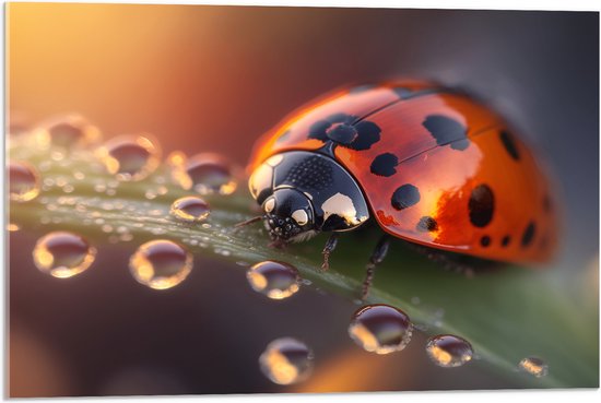 Acrylglas - Lieveheerstbeestje zit op blad dat is bedekt met waterdruppels - 75x50 cm Foto op Acrylglas (Wanddecoratie op Acrylaat)