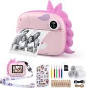 Onmiddellijke kindercamera, digitale camera voor kinderen met printpapier en 32G TF-kaart, videocamera met gekleurde pennen en fotoklemmen om te knutselen, cadeau voor kinderen van 3 tot 14 jaar (roze)