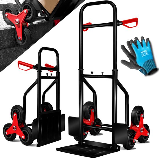 Diable noir avec poignées rouges et roues triples rouges pour grimpeur d'escalier. Gants de travail inclus.