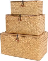 Set van 3 Plankmand met Deksel voor Home Decor Zeegras Opbergmanden Natuurlijke Rotan Geweven Rechthoekige Organizer Box (Set van 3)