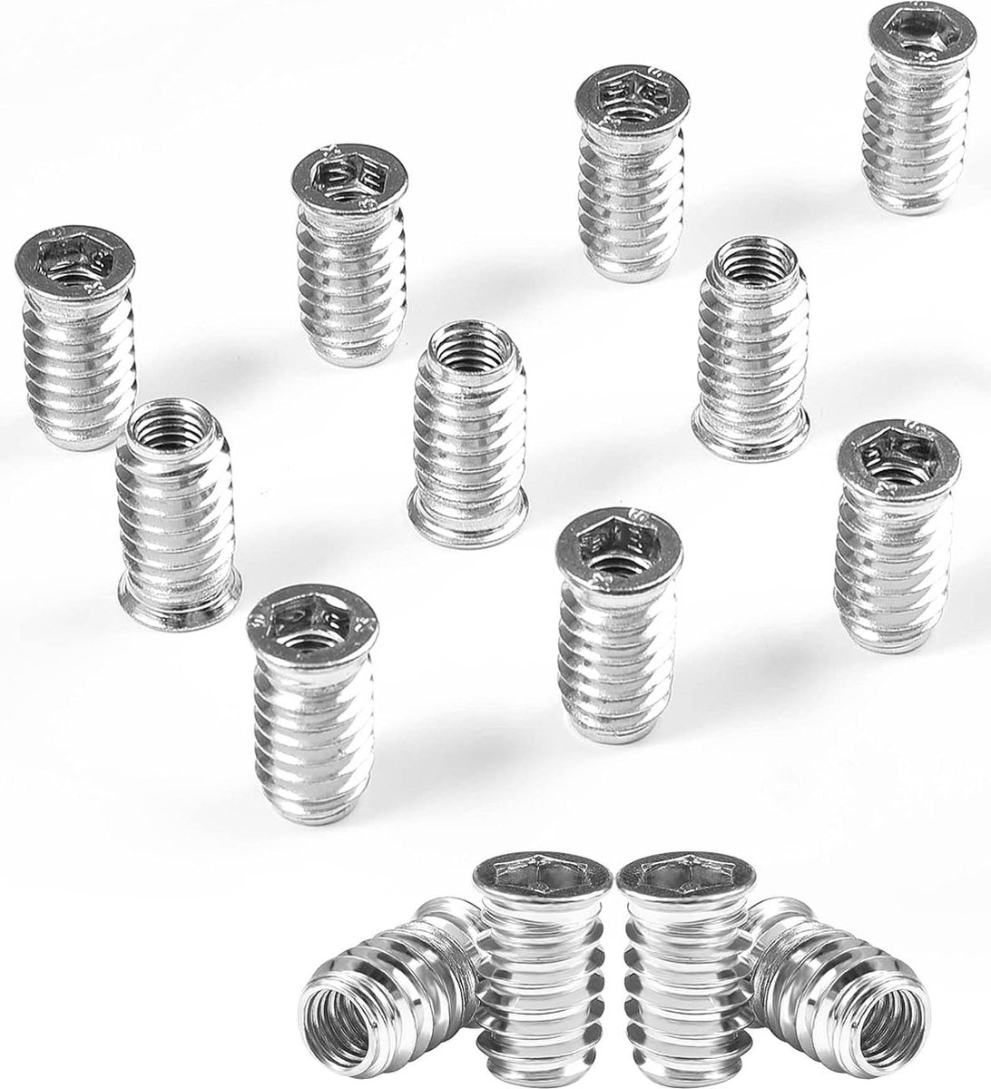 Screw-In Nuts M10 Screw-In Sleeves M10 x 25 mm Socket Screw Nut Threaded Bushing with Covering Edge Threaded Insert Hex Socket Nuts Nickel-Plated Carbon Steel for Wooden Furniture Pack of 50