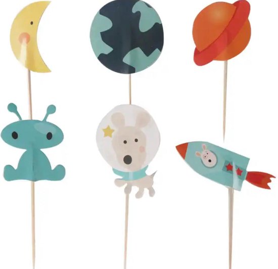Akyol - Ruimte prikkers - cocktailprikker - alien verjaardag - maan cocktailprikkers - ruimteschip - feestje - party prikkers - prikkers voor een feestje - cocktailprikker - cocktailprikkers - Feest prikkers - cocktailprikkers 10 x partyprikkers