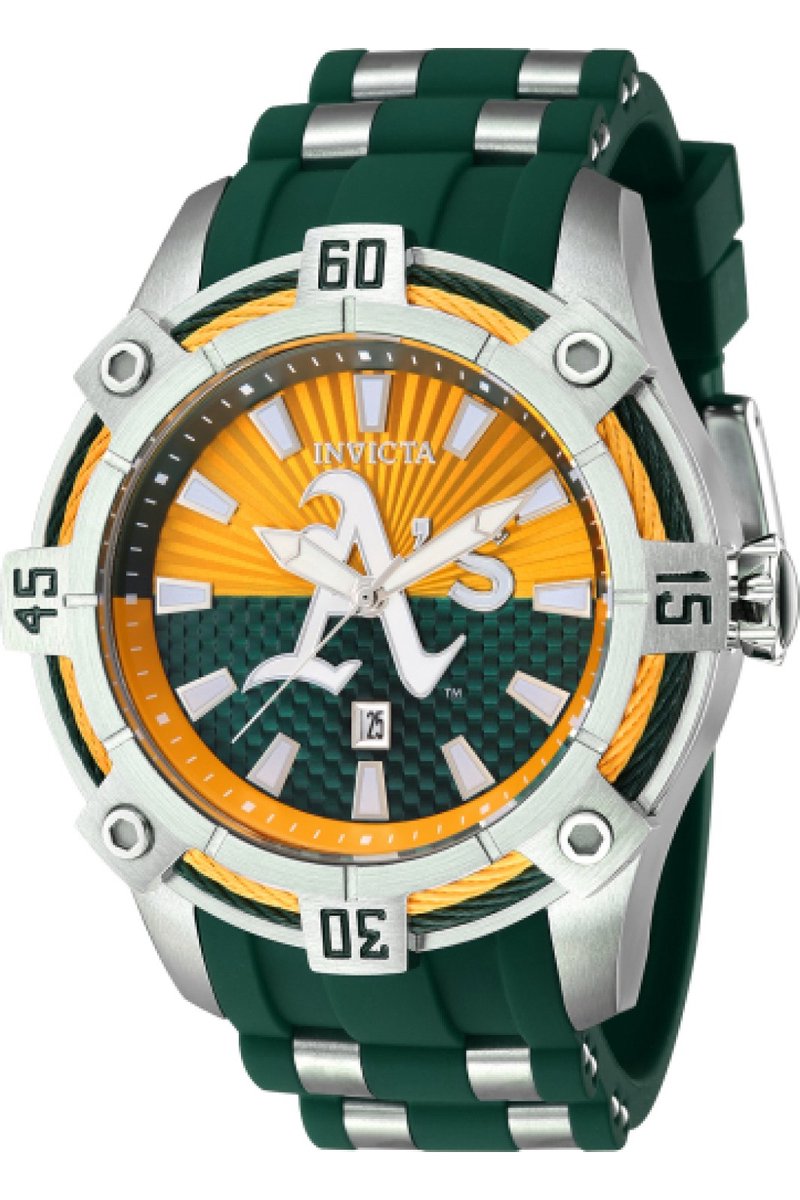 Invicta MLB - Oakland Athletics 43278 Heren Horloge - Waterdicht - Analoog - Quartz Uurwerk - Roestvrij Staal met Gele Wijzer