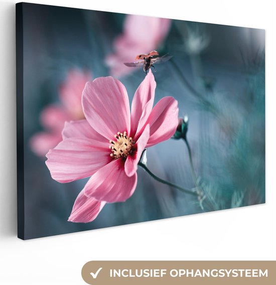 Canvas schilderij - Foto op canvas - Bloemen - Lieveheersbeestje - Roze - Natuur - Planten - Wanddecoratie - 30x20 cm - Canvas doek