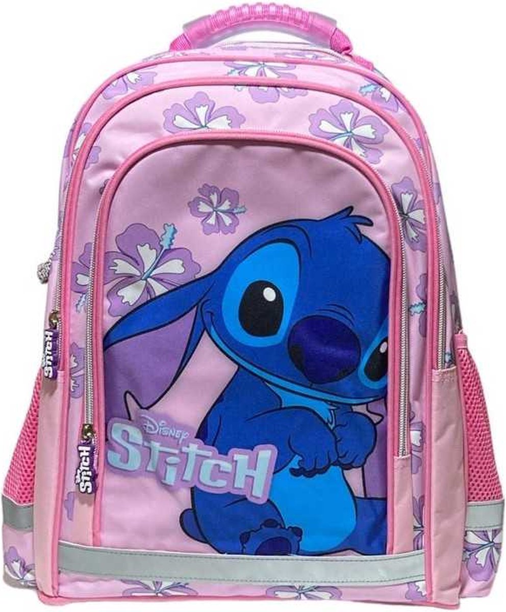 Stitch - Rugzak - Big flower - 42 cm hoogte - 3 vakken - A4 map formaat -Roze - Premium Quality