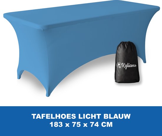 Tafelhoes Licht Blauw - 183 x 75 x 74 cm - voor Klaptafel / Buffettafel / Partytafel / Tuin Tafel / Campingtafel met Opbergzak - Luxe Extra Dikke Stretch Rok – Kras- en Kreukvrije Hoes